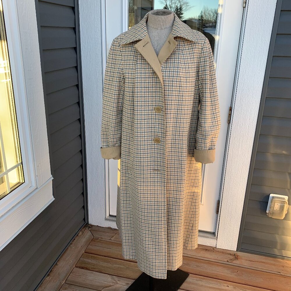 Aquascutum Vintage Reversible Trench Coat Women's 18 Tan Houndstooth Wool Preppy